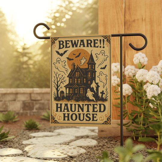 Discover Haunted House Vintage Halloween Garden Flag | Haunted Mansion Garden Flag | Retro Halloween Yard Flag | Spooky Halloween Flag