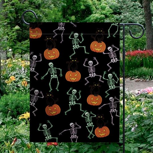 Discover Halloween Garden Flag  Dancing Skeletons, Black Cats & Pumpkins Outdoor Yard Decoration