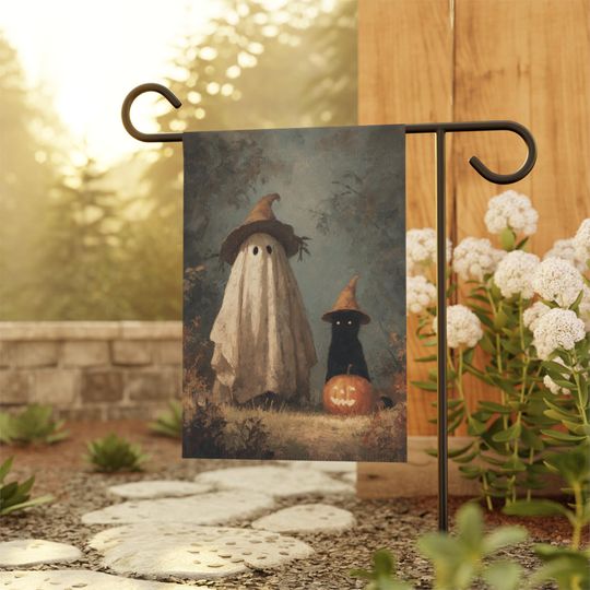 Discover Spooky Little Friends Home and Garden Flag, Halloween Porch Banner, Ghost and Black Cat House Flag, Fall Garden Flag, Autumn Porch Flag