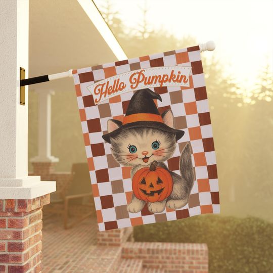 Discover Kitten Halloween Garden Flag, Fall Cute Cat Witch Banner, Retro Outdoor Decor, Autumn Pumpkin Front Porch Checker Welcome Sign, Gift for her