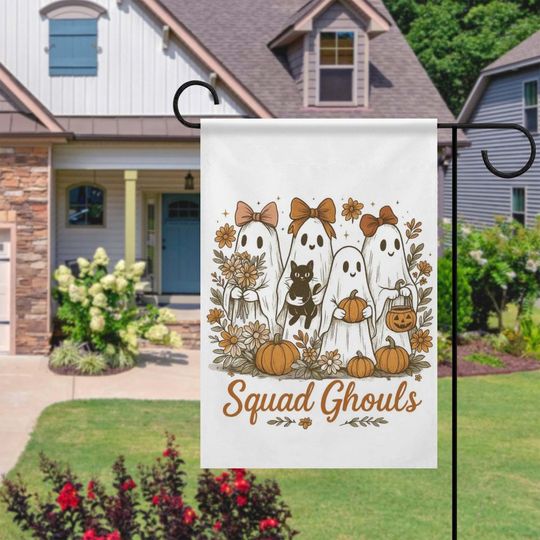 Discover Squad Ghouls Garden Flag, Fall Season Outdoor Decor,Spooky Floral Yard Flag,Neutral Autumn Porch Decoration,Black Cat Pumpkin Garden Flag