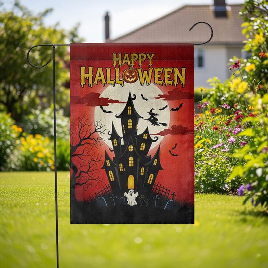 Halloween Garden Flag: Haunted House, Witch & Bats Decor