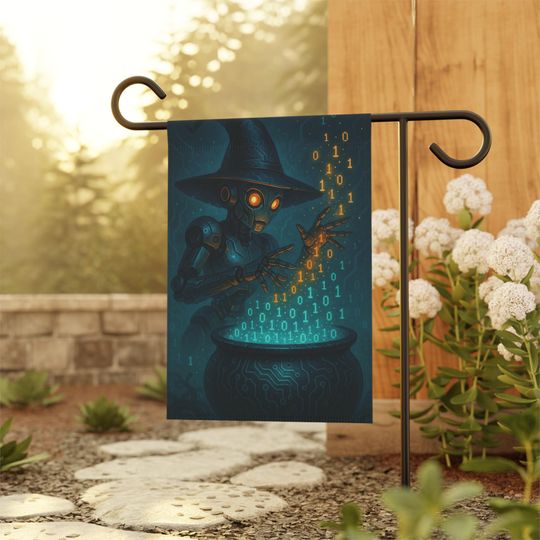 Discover Robot Witch Halloween Garden Flag: Tech Wizard Cyber Cauldron Decor