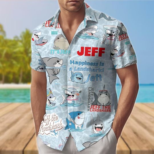 Jeff The Landshark Hawaiian Shirt, Cartoon Hawaiian Shirt, Summer Beachwear, Vacation Outfit, Quirky Gift for Him