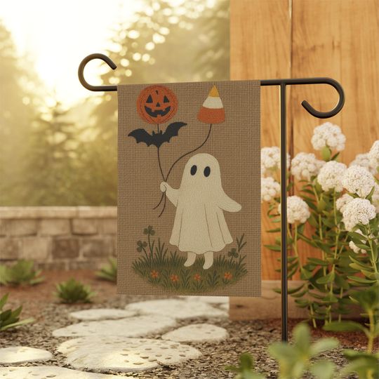 Discover Halloween Garden Flag Cute Ghost Holding Pumpkin and Candy Corn Balloons Autumn Yard Porch Decor