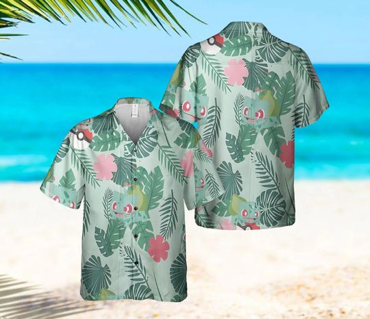 Bulbasaur Tropical Hawaiian Shirt, Summer Birthday Aloha Shirt for Men and Women, Short-Sleeve Cartoon Beach Shirt, Vacation Shirt