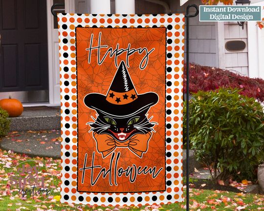 Discover Halloween Garden Flag/ Wall Hanging Sublimation  , Vintage Witch Cat, Fall