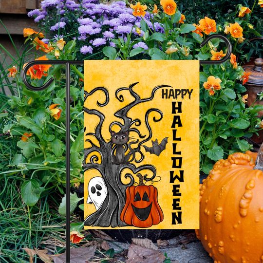 Discover Double Sided Halloween Garden Flag: Spooky Tree, Ghost, and Pumpkin