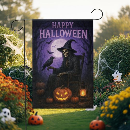 Discover Halloween Garden Flag: Skeleton, Raven, Pumpkin, Spooky Decor