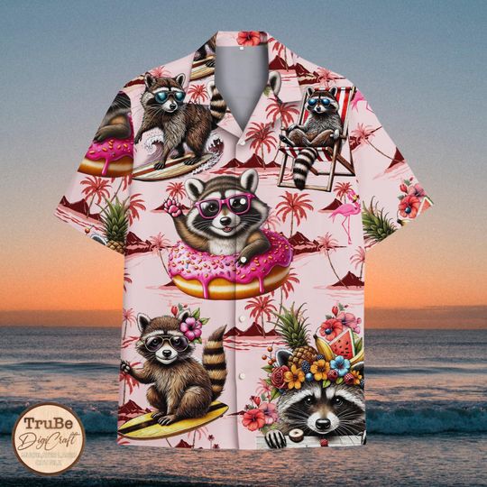 Discover Cute Raccoon Hawaiian Shirt Men Women Youth, Donut And Raccoon Printed Shirt, Raccoon Button Up, Summer Beach Short Sleeve Button Down