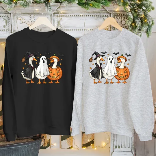 Discover Halloween Ducks Sweatshirt with Ghost, Goose, Witch, and Pumpkin Design