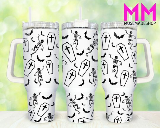 Discover Bat and Skeletons 40oz Tumbler, Halloween Tumbler 40oz, Halloween Horror 40oz Tumbler Wrap