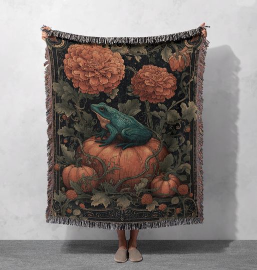 Discover Frog On Pumpkin Woven Blanket  , Cottagecore Hobby Throw Blanket, Goblincore Halloween Tapestry, Friend Relationship Gift Dark