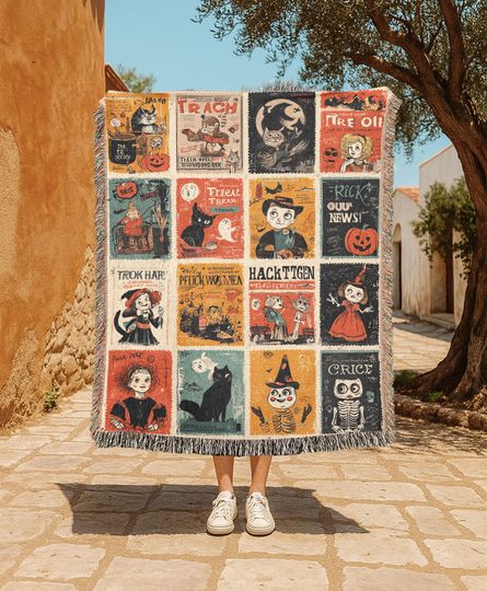 Discover Halloween Stamp  Woven Blanket, Vintage Horror Fan Gift, Retro Spooky Throw, Witch Black Cat Lover, Fall Occasion Blanket Holiday