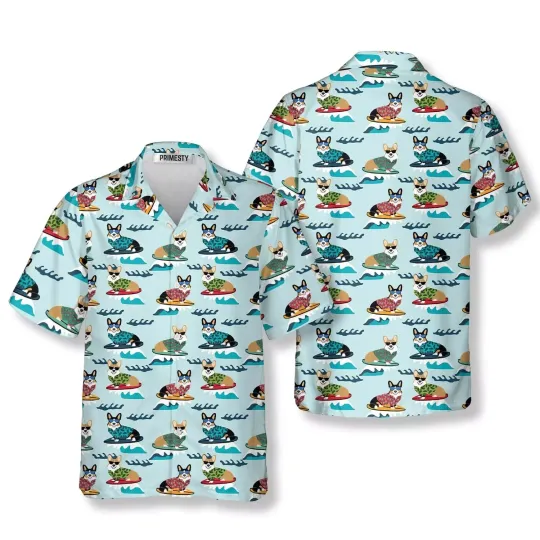 Corgies Tropical Hawaiian Button Down Shirt Unisex Adults