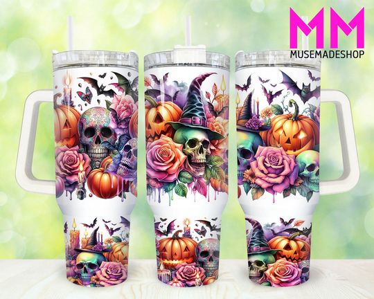 Discover Retro Halloween Skull 40oz Tumbler, Pumpkin Skull Tumbler 40oz