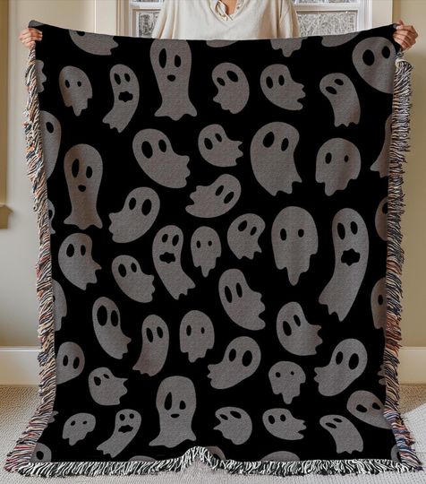 Discover little ghosts woven throw blanket, halloween black woven blanket, cute kawaii ghost goth occult creepy decor, spooky halloween ghost decor
