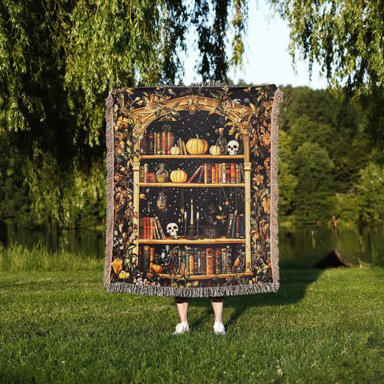 Witches Bookshelf Woven Blanket, Halloween Book Lover Gift Throw, Spooky Bookish Home Decor Tapestry