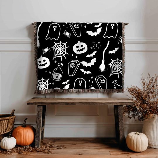 Halloween Icon Woven Blanket,  Spooky Season Tapestry