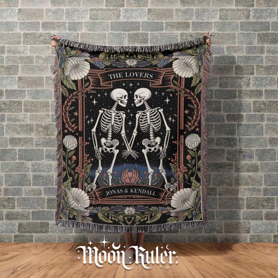 Discover Personalized Colorful Skeleton Lovers Woven Blanket Gothic Couple Decor Wedding-Anniversary Gift Floral Spooky Decor Unique Couple Gift