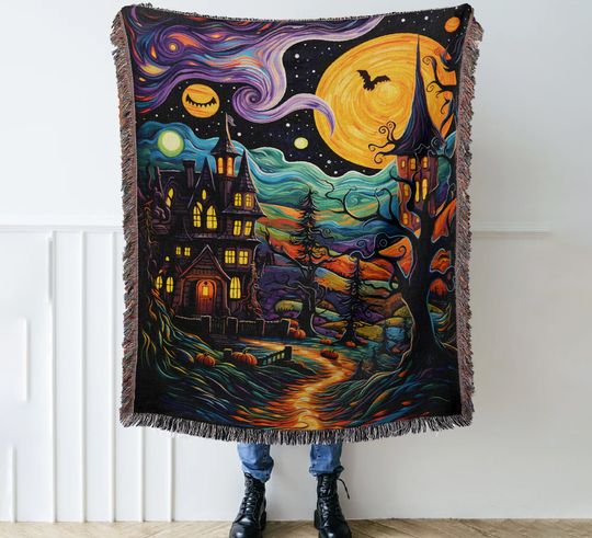 Halloween Woven Throw Blanket: Vintage Haunted House Tapestry