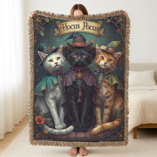 Discover Cat-Themed Woven Blanket: Cozy Home Decor with Colorful Fringe