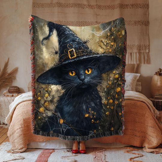 Discover Halloween Black Cat Woven Blanket: Witch Hat Kitty Tapestry