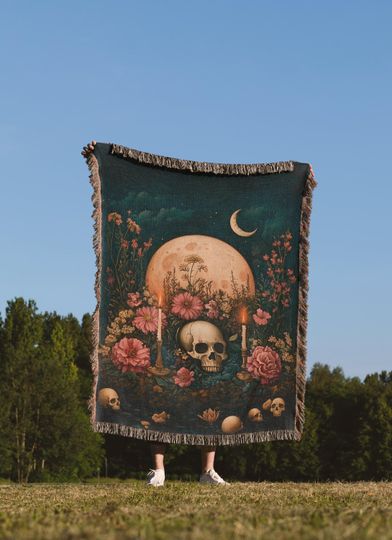 Discover Gothic Style | Woven Blanket | Skull Altar Cloth Goth Design, Perfect Gift Halloween, Witchy Decor, Spooky Vibes Home Decor, Boho Throw,