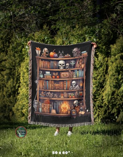 Discover Witches Bookshelf Woven Blanket, Halloween Spooky Throw Blanket, Dark Academia, Witchy Blanket Decor, Dark Cottagecore Aesthetic, Mystical