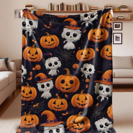 Discover Spooky Ghosts&Pumpkins Plush Blanket,Halloween Woven Throw Blanket,Halloween Watching Movie Blanket,Halloween Gifts for Boys and Girls