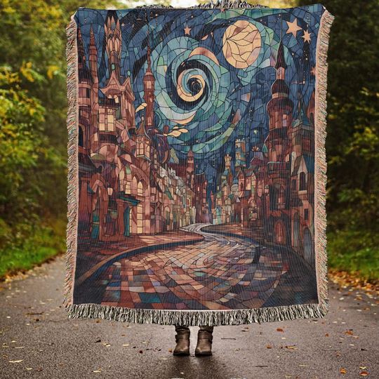 Discover Halloween Street Woven Throw Blanket: Starry Night Cottagecore Decor