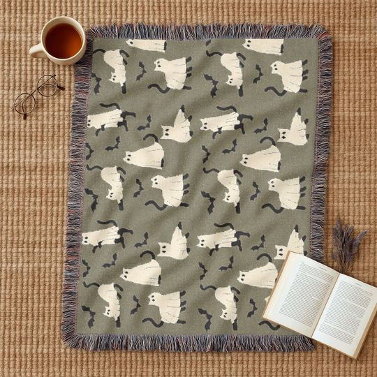 Discover Halloween Woven Blanket: Ghost Cat Throw - Spooky Home Decor
