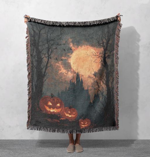 Discover Halloween Woven Blanket  , Spooky Fall Decoration Woven Blanket, Haunted Castle Design Woven Blanket, Pumpkin Carving Art Blanket