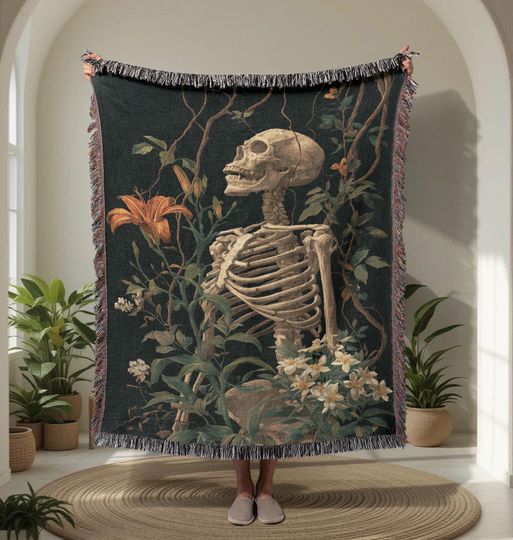 Gothic Decor  Woven Blanket, Floral Skeleton Woven Tapestry, Dark Academia Throw Blanket, Cottagegore Couch Throw, Halloween Gift