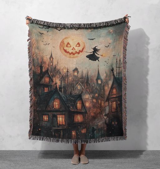 Discover Halloween Witch Over Haunted Village Woven Banket  , Spooky Jack O Lantern Throw, Gothic Folklore Art Woven Tapestry, Dark Decor