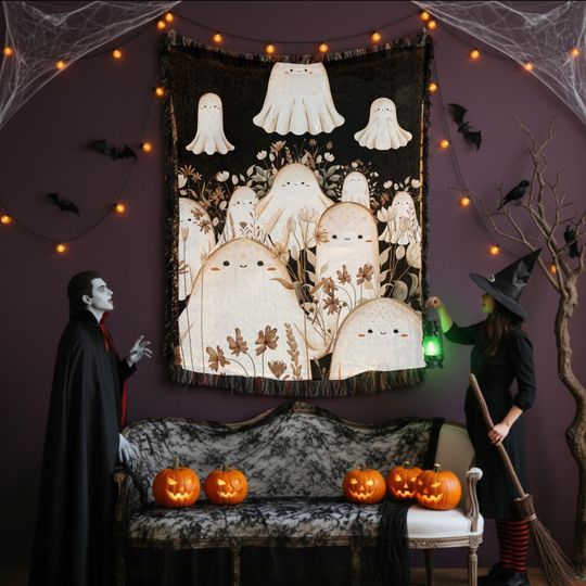Discover Ghost Woven Blanket,Vintage Cottagecore tapestry,Halloween throw,fall host gift