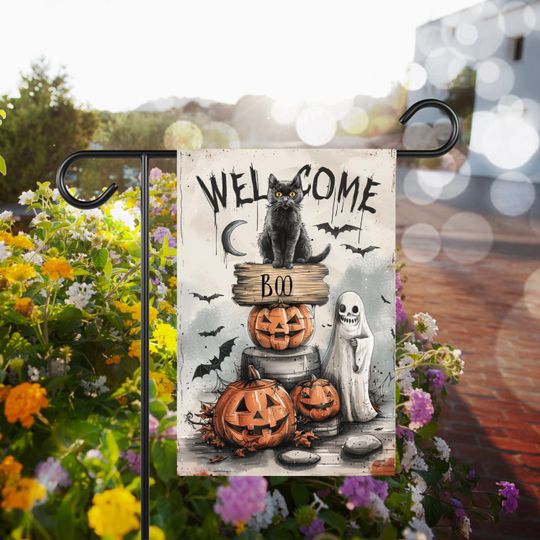 Discover Spooky Halloween Garden Flag: Black Cat, Ghosts & Bats - 12x18 Inch