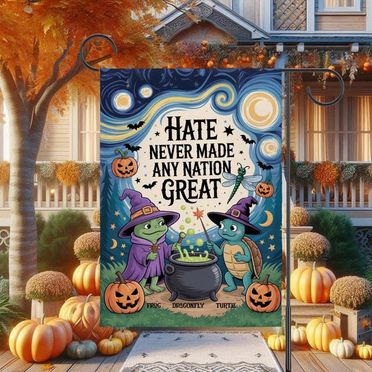 Anti Trump Frog Dragonfly Turtle Garden Flag, FDT Hate Never Made Any Nation Great House Flag, Halloween Fall Autumn Decor, Political Flag