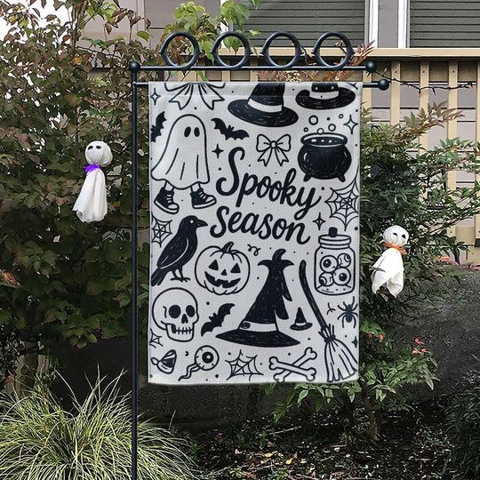 Spooky Season Halloween Garden Flag  Black, White Ghost, Witch, Skull, Pumpkin Design, Outdoor Fall Yard Decoration, Gothic Decor