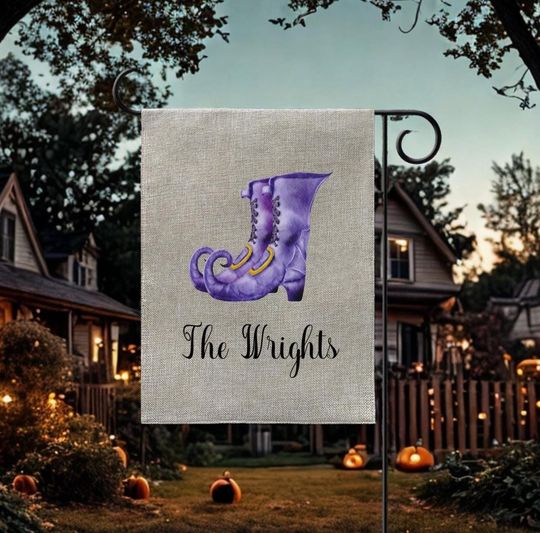 Personalized Halloween Garden Flag: Witch Boots, Custom Family Name