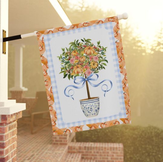 Discover Preppy Pumpkin Flag Autumn House Flag Fall Seasonal Autumn Flag Preppy Pumpkin Topiary Garden Flag October Chinoiserie Preppy Yard Flag
