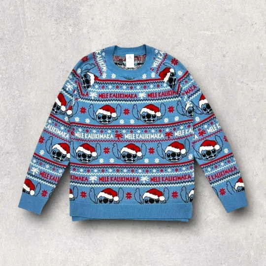 Discover Disney Stitch Mele Kalikimaka Knitted Hawaiian Themed Ugly Christmas Sweater