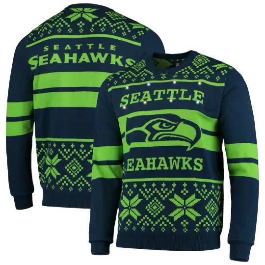 football Licensed Men's Seattle Seahawks College Navy/Neon Green Light Up Ugly Sweate