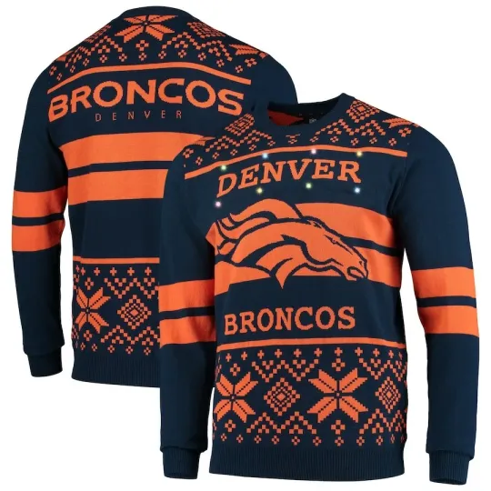 Discover football Licensed Men's Denver Broncos Navy/Orange Light Up Ugly Sweater