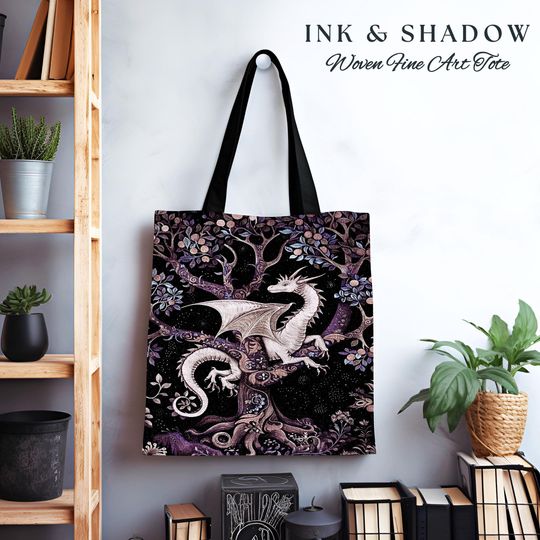 Discover Bohemian Mystic Dragon Tapestry Tote Whimsical Celestial Night Dark Nature Art | Boho Fantasy Eclectic Dark Purple Mystic Forestcore Bag |