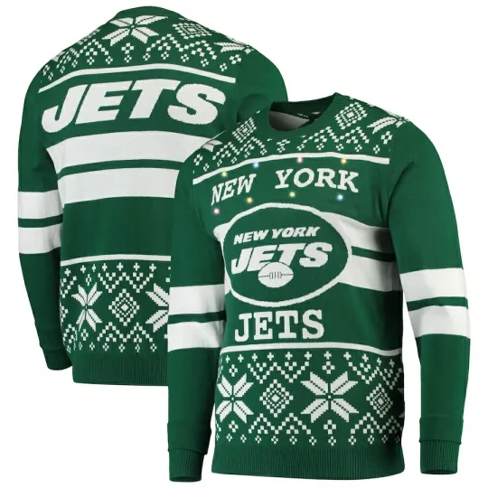 Discover football Licensed Men's New York Jets Green/White Light Up Ugly Sweater