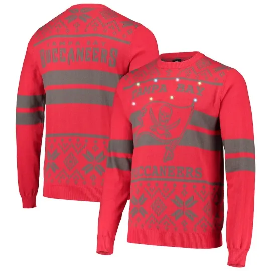 Discover football Licensed Men's Tampa Bay Buccaneers Red/Pewter Light Up Ugly Sweater