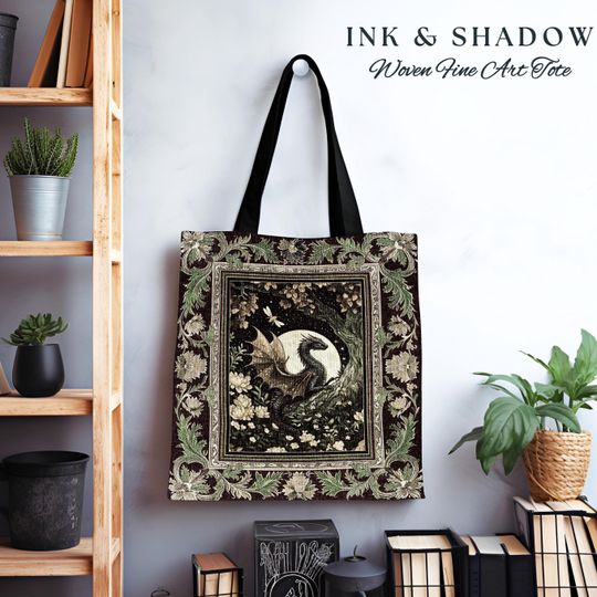 Discover Woodland Gothic Dragon Tote Mystical Forest Green Full Moon Celestial Magic Fantasy Art | Whimsigothic Enchanted Fairytale Tapestry Bag |