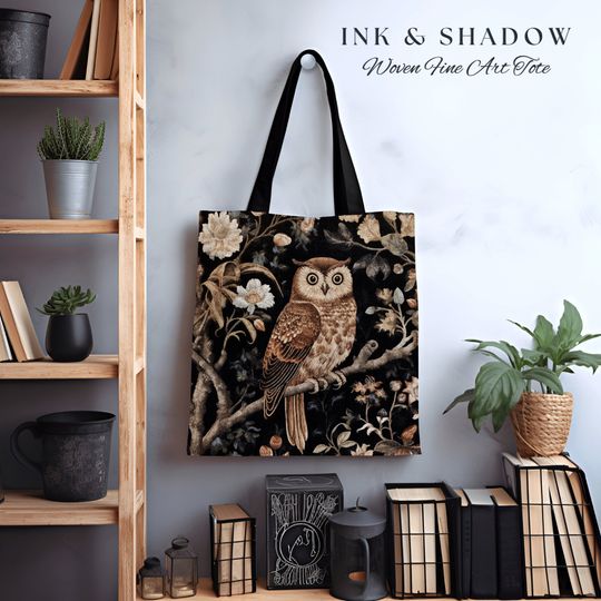 Discover Folk Art Owl Tote Bag Forestcore Whimsical William Morris Inspired Tote Bag Aesthetic Goth Tapestry Tote Woven Victorian Fairy Core Owl Gift