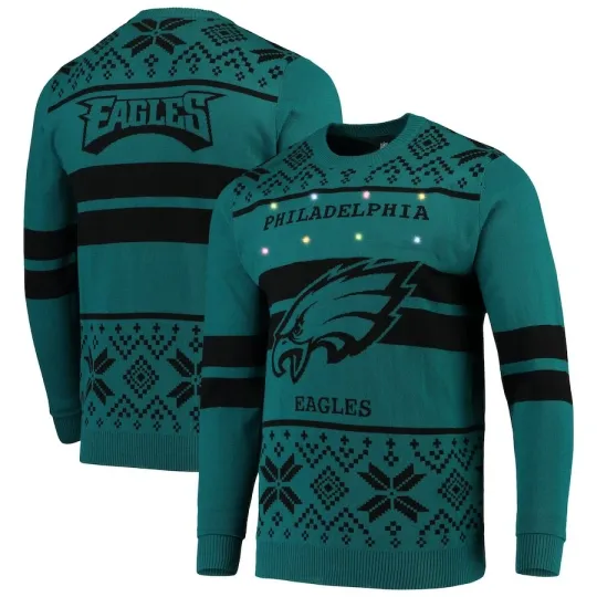 football Licensed Mens Philadelphia Eagles Midnight Green/Black Light Up Ugly Sweater